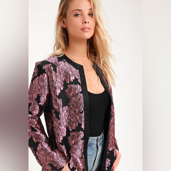 Lulus Mayia Black & Purple Jacquard Floral Print Long Jacket - Picture 4 of 7